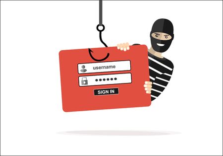 Thief hacker in mask stealing passwords from laptop. anti phishing and internet viruses concept. Cartoon Vector Illustration.のイラスト素材