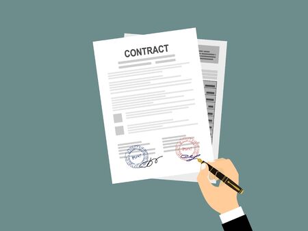 Vector concept signing of a contract. Hand making the signature on the document sheet. On gray background. Flat style.のイラスト素材