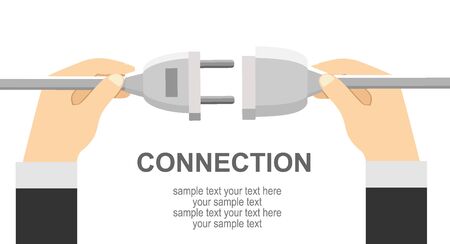 Connection, disconnection electricity. Men are holding in hand plug and socket to connect. 404 error, page not found, connection error or time out. Vector illustration flat design.のイラスト素材
