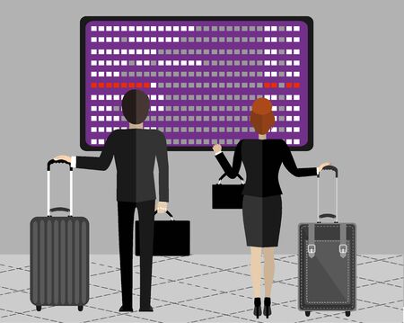 People at airport waiting and looking at departures board. Vector illustration flat design.のイラスト素材
