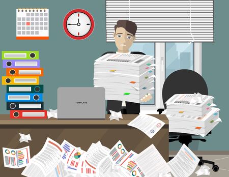 Stress at work concept flat illustration. Business man needs help under a lot of documents in office. Flat design style.のイラスト素材