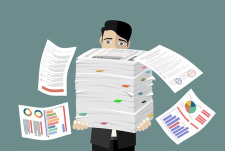 Businessman holds pile of office papers and documents. Documents and file Routine, bureaucracy, big data, paperwork, office. Vector illustration in flat style.のイラスト素材