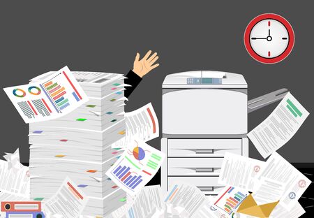 Businessman in pile of papers. Office multifunction machine. Paperwork, overwork, office. Printer copy scanner device. Proffesional printing station. illustration flat styleのイラスト素材