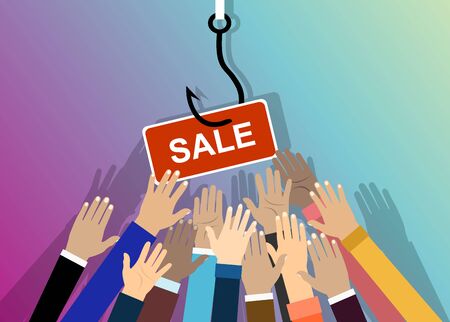 Fish hook with a label and text: sale. concept of special offer or fraud. Hands stretching. Illustration in flat style.のイラスト素材