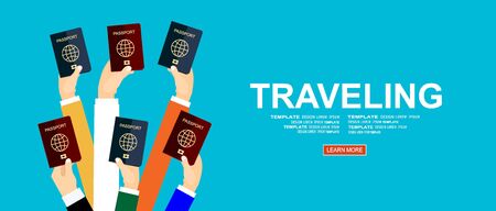 Traveling, business trip, hand holding passports vector conceptのイラスト素材