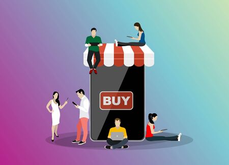 Mobile banking concept illustration of people using app for money transfering, accounting and online banking. Flat men and women standing near big smartphone with credit card and bank icon on screen.のイラスト素材
