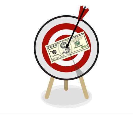 Target with arrow and dollar. Goal setting. Smart goal. Business target concept. Achievement and success. Vector illustration in flat styleのイラスト素材