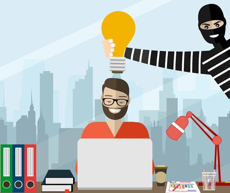 Thief stolen light bulb of idea. Steal idea concept. Cartoon Vector Illustration.のイラスト素材