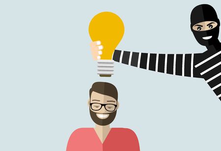 Thief stolen light bulb of idea. Steal idea concept. Cartoon Vector Illustration.のイラスト素材