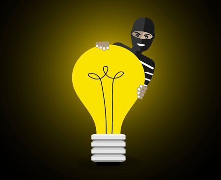 Thief stolen light bulb of idea. Steal idea concept. Cartoon Vector Illustration.のイラスト素材