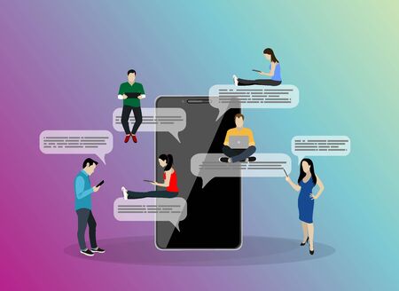 Mobile application people sitting bubbles chat interface message notifications flat white backgroundのイラスト素材