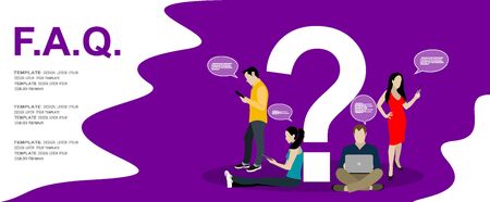 Frequently asked questions concept illustration of young people standing near letters and using smart phone, laptop and digital tablet. Flat women and men with big question mark on purple backgroundのイラスト素材