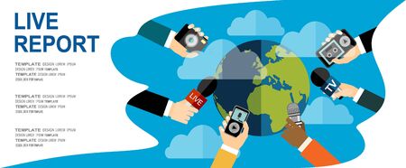 Journalism concept vector illustration in flat style .Vector live report concept, live news, hands of journalists with microphones, camera and tape recordersのイラスト素材