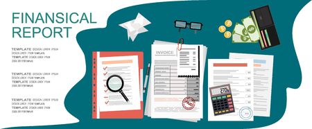 Financial report. Full of business papers. Auditing, tax process, accounting voncept. Vector illustration in flat styleのイラスト素材