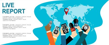 Journalism concept vector illustration in flat style .Vector live report concept, live news, hands of journalists with microphones, camera and tape recordersのイラスト素材