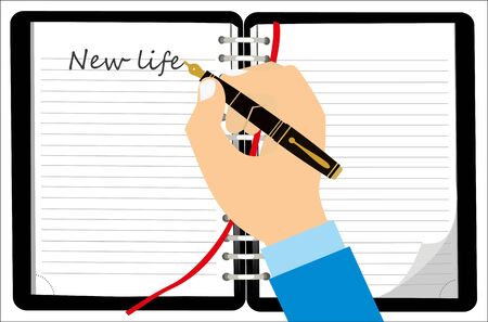 Notepad with pen on a white wooden table. I have something to write. Life with a clean slate.のイラスト素材