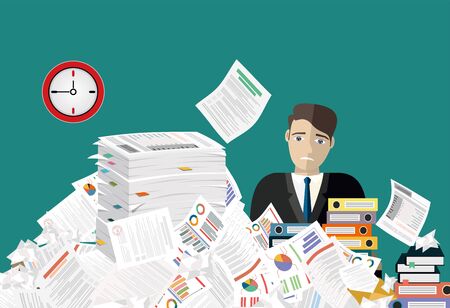 Businessman needs help under a lot of documents in the office and requests for help. Modern Idea and Concept Vector illustrationのイラスト素材