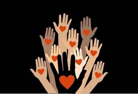 Hands with hearts. Raised hands volunteering vector conceptのイラスト素材