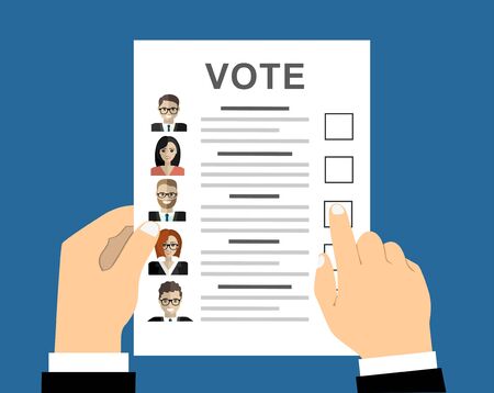 Hand with election bill. Vote document with faces. Vector illustration in flat styleのイラスト素材