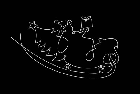 Santa claus on sleigh full of gifts and his reindeers one line art. Line illustration. Minimalist print. Black and white .. Happy new year decoration. Merry christmas holiday. New year and xmas.のイラスト素材