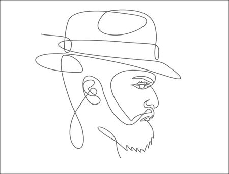 Profile portrait of man in hat Continuous line drawing of isolated on white backgroundのイラスト素材