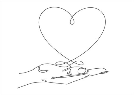 One continuous line drawing of hand holding heart. Vector illustration. St. Valentine's Dayのイラスト素材