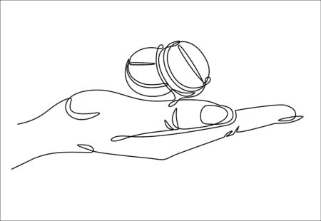 One continuous line drawing of hand holding two pills. Vector illustrationのイラスト素材
