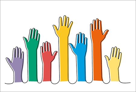 Raised hands volunteering continuous one line drawing minimalism design isolated on white background, vector conceptのイラスト素材