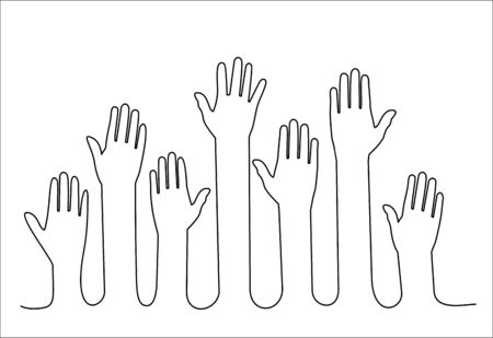Raised hands volunteering continuous one line drawing minimalism design isolated on white background, vector conceptのイラスト素材