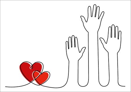 Hands and hearts. Raised hands volunteering concept continuous one line drawing minimalism design isolated on white background.のイラスト素材