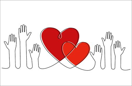 Hands and hearts. Raised hands volunteering concept continuous one line drawing minimalism design isolated on white background.のイラスト素材