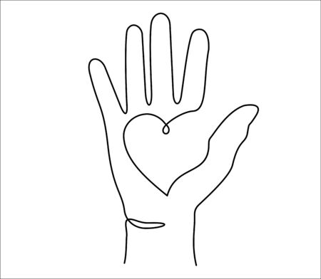Hand with heart. Raised hands volunteering vector concept one lineのイラスト素材