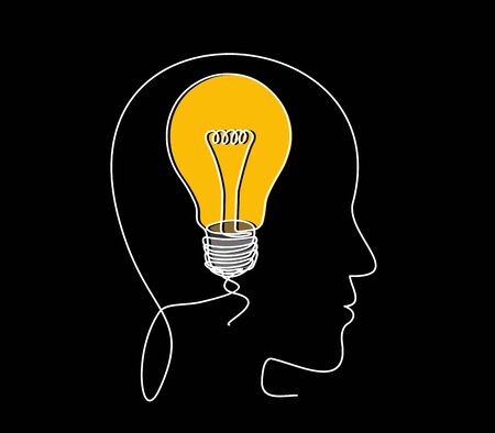 Continuous one line drawing light bulb symbol idea. The concept of thinking ideas inside the person's headのイラスト素材