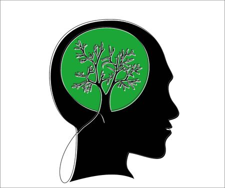 Tree brain concept. Continuous one line drawing of human head with a plant inside. Think green.のイラスト素材