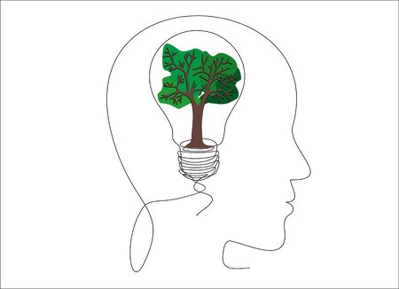 Tree brain concept. Continuous one line drawing of human head with green energy symbol.のイラスト素材