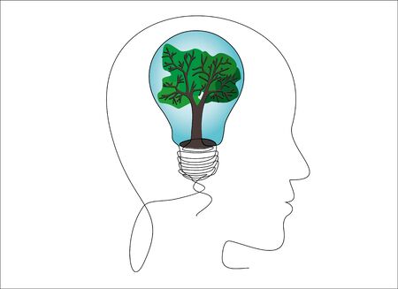 Tree brain concept. Continuous one line drawing of human head with green energy symbol.のイラスト素材