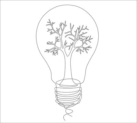 Continuous one line drawing of Light bulb with tree inside. Ecology conceptのイラスト素材