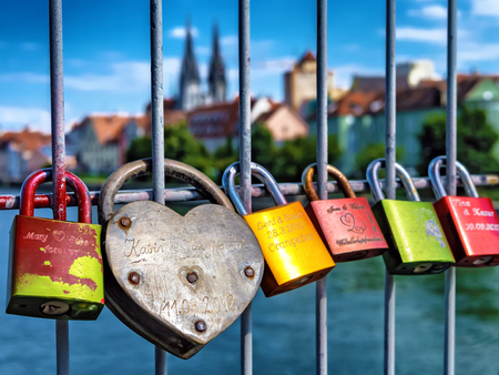 Colorful padlocks in Regensburgの写真素材