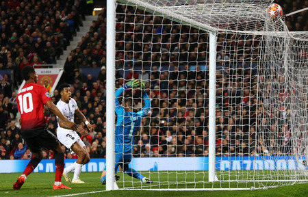 MANCHESTER, ENGLAND - FEBRUARY 12 2019: Presnel Kimpembe of PSG scores a goal during the Champions League match between Manchester United and Paris Saint-Germain at Old Trafford Stadium.のeditorial素材
