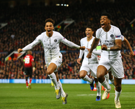 MANCHESTER, ENGLAND - FEBRUARY 12 2019: Presnel Kimpembe of PSG celebrates scoring a goal during the Champions League match between Manchester United and Paris Saint-Germain at Old Trafford Stadium.のeditorial素材