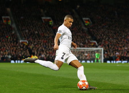 MANCHESTER, ENGLAND - FEBRUARY 12 2019: Kylian Mbappe of PSG during the Champions League match between Manchester United and Paris Saint-Germain at Old Trafford Stadium.のeditorial素材