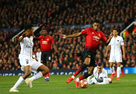 MANCHESTER, ENGLAND - FEBRUARY 12 2019: Marcus Rashford of Manchester United  during the Champions League match between Manchester United and Paris Saint-Germain at Old Trafford Stadium.のeditorial素材