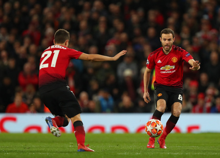 MANCHESTER, ENGLAND - FEBRUARY 12 2019:Juan Mata of Manchester United  during the Champions League match between Manchester United and Paris Saint-Germain at Old Trafford Stadium.のeditorial素材