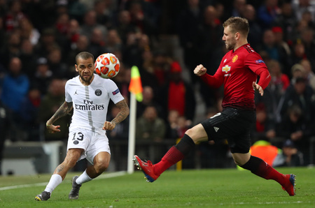 MANCHESTER, ENGLAND - FEBRUARY 12 2019: Dani Alves of PSG during the Champions League match between Manchester United and Paris Saint-Germain at Old Trafford Stadium.のeditorial素材