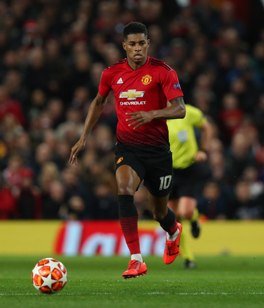 MANCHESTER, ENGLAND - FEBRUARY 12 2019: Marcus Rashford of Manchester United during the Champions League match between Manchester United and Paris Saint-Germain at Old Trafford Stadium.のeditorial素材