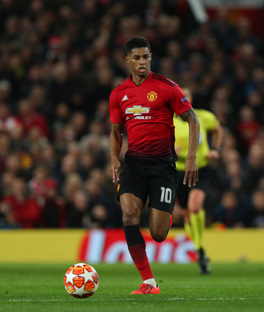 MANCHESTER, ENGLAND - FEBRUARY 12 2019: Marcus Rashford of Manchester United during the Champions League match between Manchester United and Paris Saint-Germain at Old Trafford Stadium.のeditorial素材