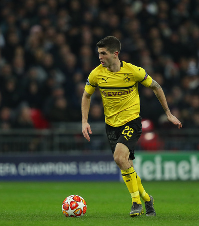 LONDON, ENGLAND - FEBRUARY 13 2019: Christian Pulisic of Dortmund during the Champions League match between Tottenham Hotspur and Borussia Dortmund at Wembley Stadium, London.のeditorial素材