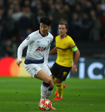 LONDON, ENGLAND - FEBRUARY 13 2019: Son Heung-Min of Tottenham during the Champions League match between Tottenham Hotspur and Borussia Dortmund at Wembley Stadium, London.のeditorial素材
