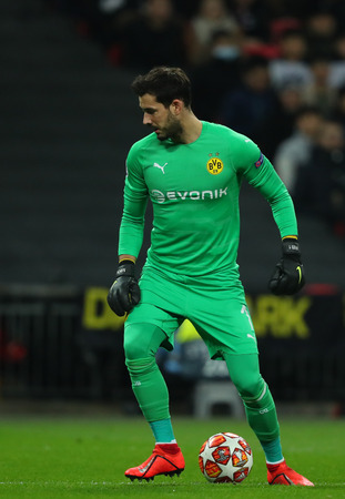 LONDON, ENGLAND - FEBRUARY 13 2019: Roman Burki of Dortmund during the Champions League match between Tottenham Hotspur and Borussia Dortmund at Wembley Stadium, London.のeditorial素材