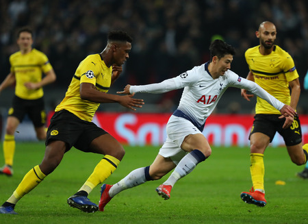 LONDON, ENGLAND - FEBRUARY 13 2019: Son Heung-Min of Tottenham during the Champions League match between Tottenham Hotspur and Borussia Dortmund at Wembley Stadium, London.のeditorial素材